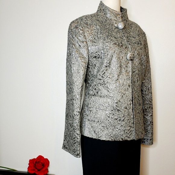 Lafayette 148 Silver Shimmer Mandarin Jacket Wool Luxury Asian Office Spring - Picture 3 of 15